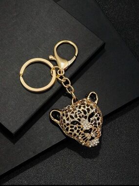 Gold Leopard Head Crystal bag charm/ Keychain